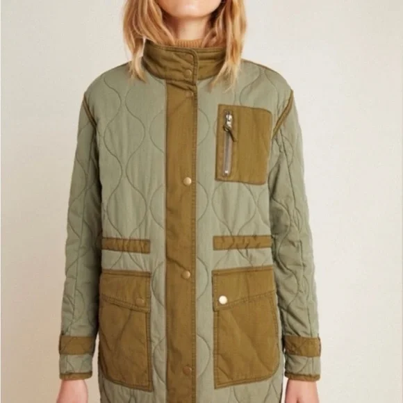 Anthropologie Olive Quilted Long Puffer Coat with Contrast Trim - Picture 1 of 8